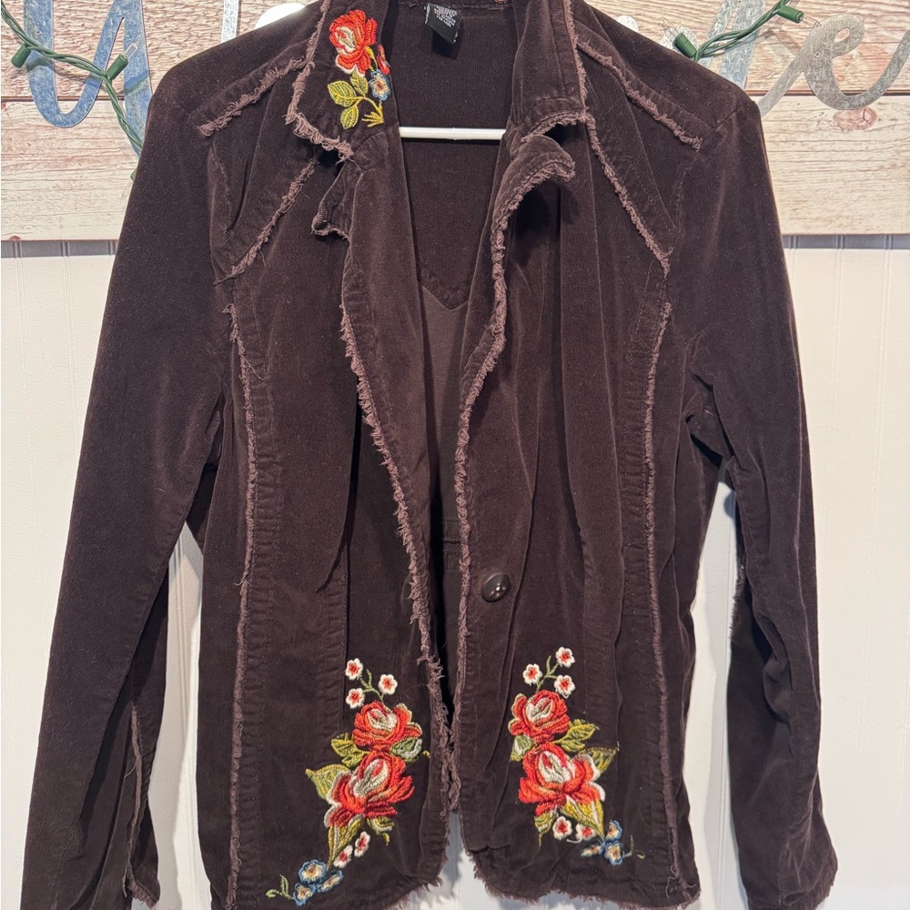 Free People Dark Brown Blazer with Floral Embroidery